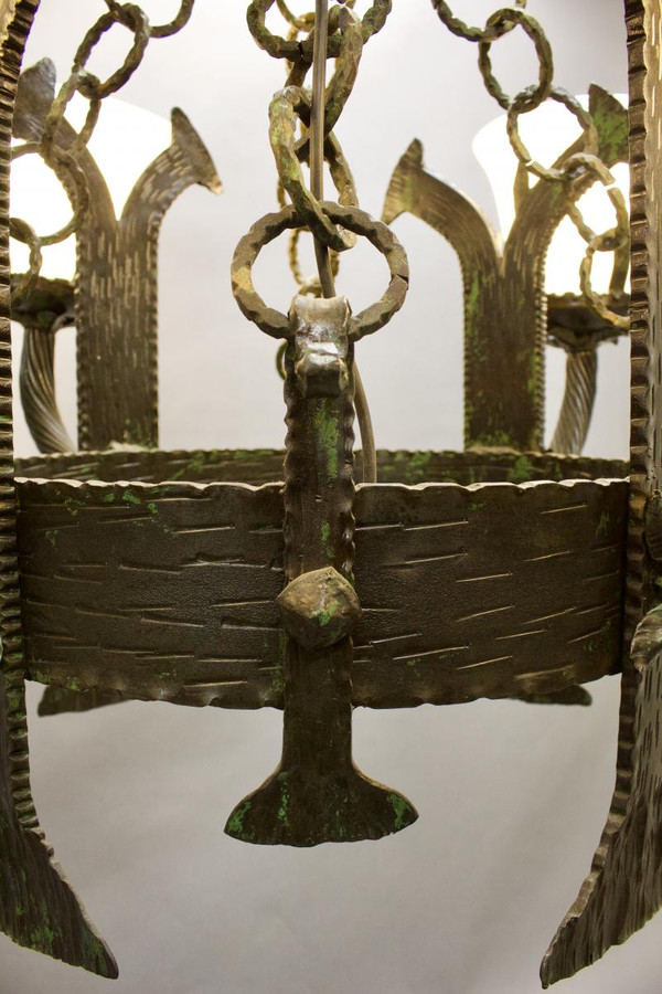 Pair Of Art Deco Wrought Iron And Opaline Chandeliers