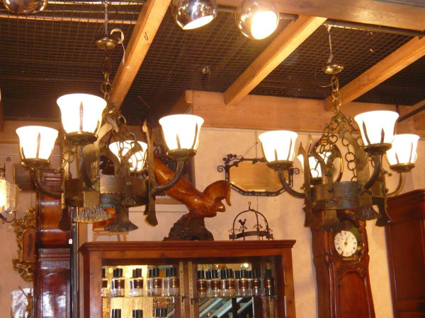 Pair Of Art Deco Wrought Iron And Opaline Chandeliers