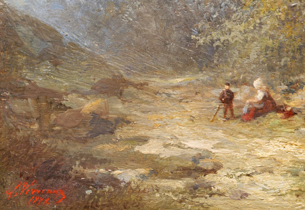 Louis Léon Nicolas VERREAUX, Woman and child on a path in the forest near Boulogne sur Mer