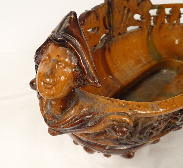 Fruit Bowl Planter Glazed Earth Mascarons Characters 19th Century