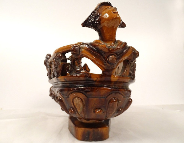 Fruit Bowl Planter Glazed Earth Mascarons Characters 19th Century