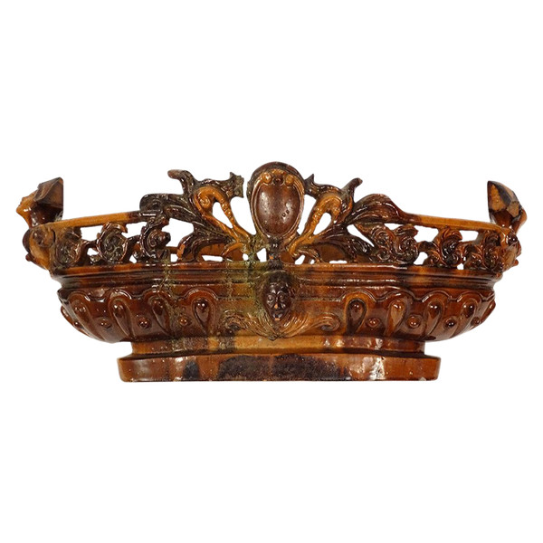 Fruit Bowl Planter Glazed Earth Mascarons Characters 19th Century