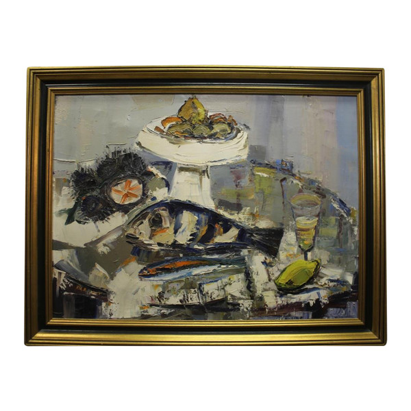 Öl Auf Leinwand Ernest Audibert, Stillleben Mit Fisch