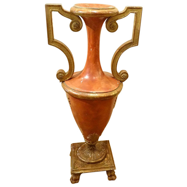 Grand Vase Décoratif Directoire Bois Polychrome Doré Amphore Fin XVIIIème