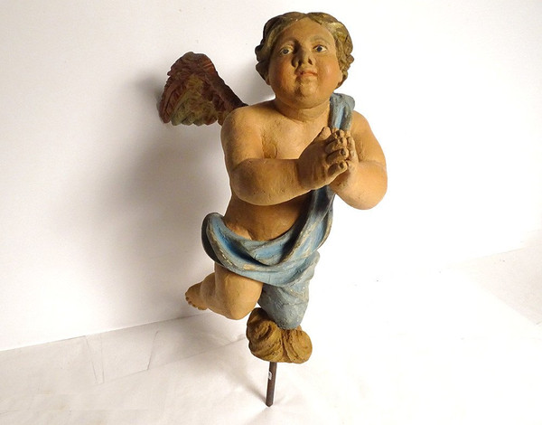 Sculpture Statue Bois Polychrome Angelot Chérubin Ange XVIIème Siècle