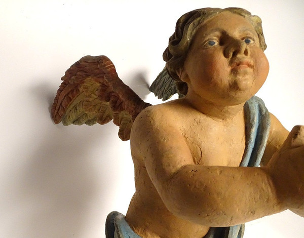 Sculpture Statue Bois Polychrome Angelot Chérubin Ange XVIIème Siècle