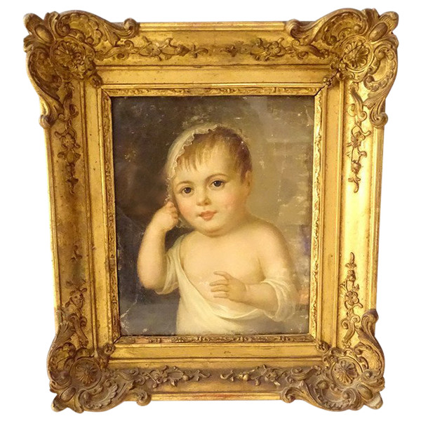 HST Painting Portrait Young Child Golden Stuccoed Frame Late 18th Early 19th