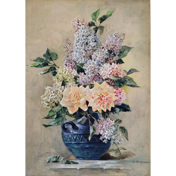  Still Life Flower Lilacs Roses Watercolour Gouache 19th c