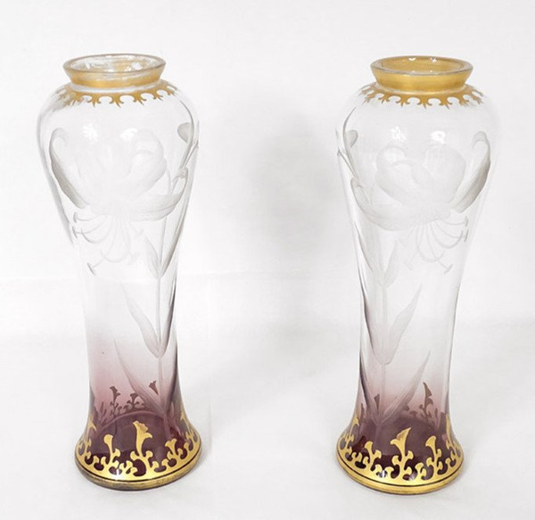 Paire Vases Cristal Gravé Fleurs Hibiscus Feuillage Dorure Art Nouveau XIXè