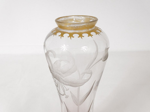 Paire Vases Cristal Gravé Fleurs Hibiscus Feuillage Dorure Art Nouveau XIXè