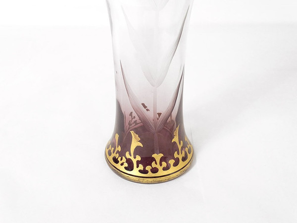 Paire Vases Cristal Gravé Fleurs Hibiscus Feuillage Dorure Art Nouveau XIXè