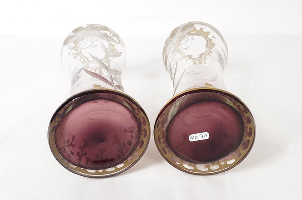 Paire Vases Cristal Gravé Fleurs Hibiscus Feuillage Dorure Art Nouveau XIXè