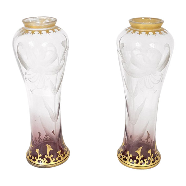 Paire Vases Cristal Gravé Fleurs Hibiscus Feuillage Dorure Art Nouveau XIXè