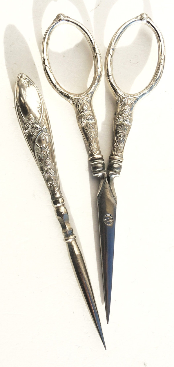 Art nouveau silver sewing set pinecone cocotte