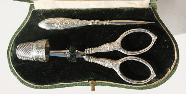 Art nouveau silver sewing set pinecone cocotte