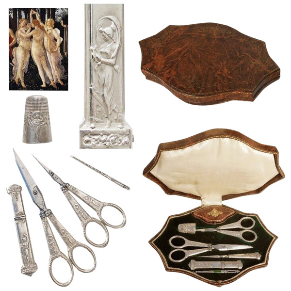 Antique silver sewing set Massif Art nouveau les fileuses