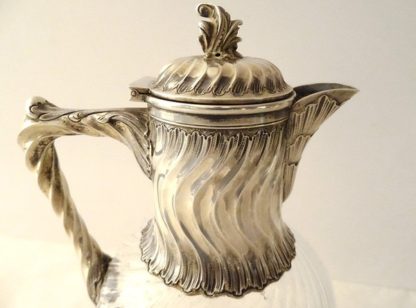 Coppia Caraffe in Cristallo Molato Minerva Intrecciata in Argento Sterling Fine XIX Secolo