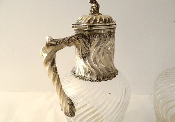Coppia Caraffe in Cristallo Molato Minerva Intrecciata in Argento Sterling Fine XIX Secolo