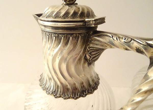 Coppia Caraffe in Cristallo Molato Minerva Intrecciata in Argento Sterling Fine XIX Secolo