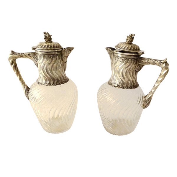 Coppia Caraffe in Cristallo Molato Minerva Intrecciata in Argento Sterling Fine XIX Secolo
