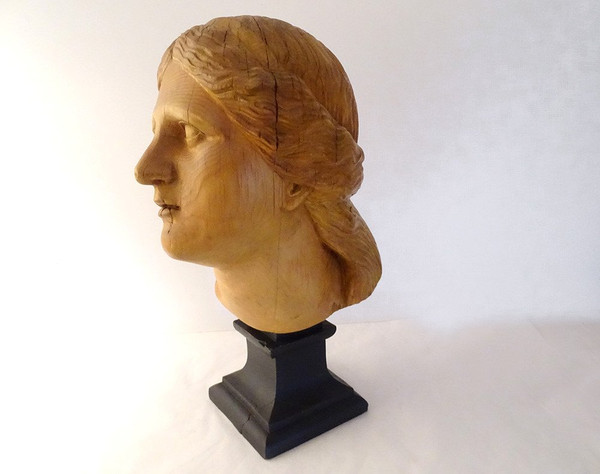 Scultura testa di giovane donna Afrodite in legno naturale scolpito fine XIX secolo