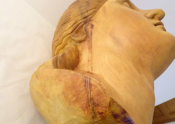 Scultura testa di giovane donna Afrodite in legno naturale scolpito fine XIX secolo