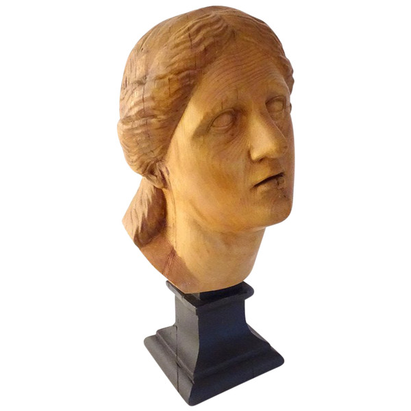 Scultura testa di giovane donna Afrodite in legno naturale scolpito fine XIX secolo