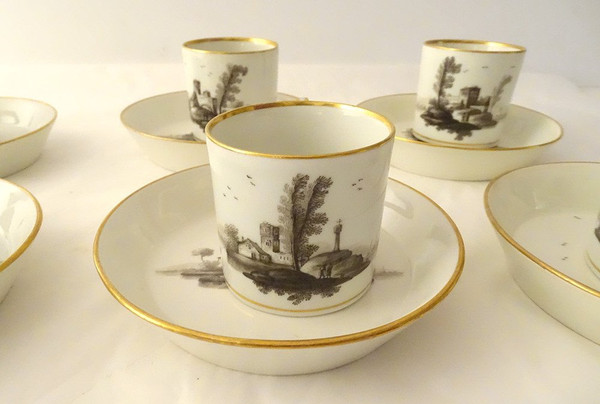 6 Tasses Porcelaine Vienne Grisaille Paysages Châteaux étangs Début XIXème