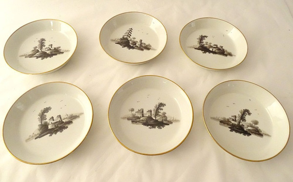6 Tasses Porcelaine Vienne Grisaille Paysages Châteaux étangs Début XIXème