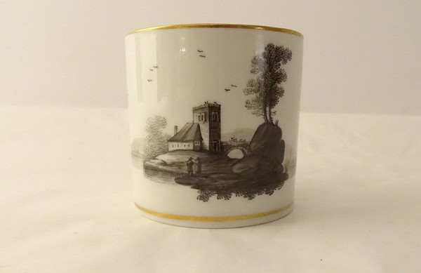 6 Tasses Porcelaine Vienne Grisaille Paysages Châteaux étangs Début XIXème