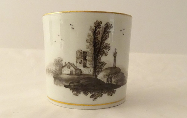 6 Tasses Porcelaine Vienne Grisaille Paysages Châteaux étangs Début XIXème