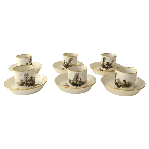6 Tasses Porcelaine Vienne Grisaille Paysages Châteaux étangs Début XIXème