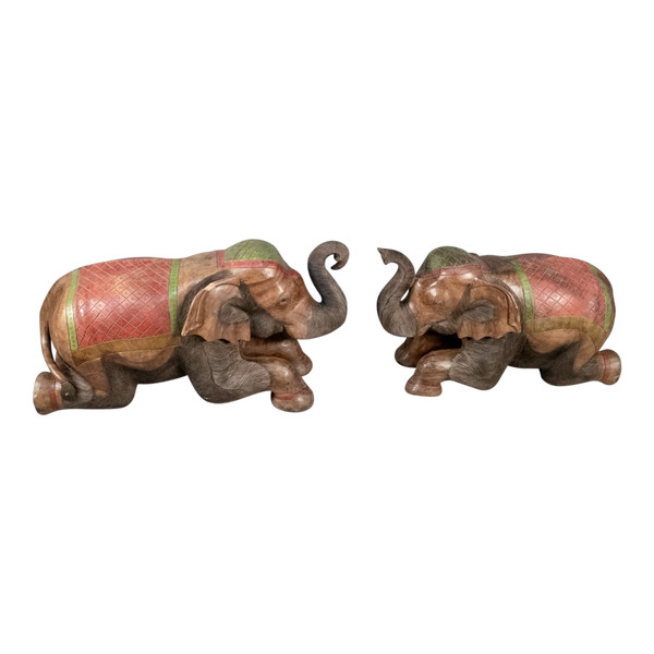 Couple of Elephants In Painted Teak
