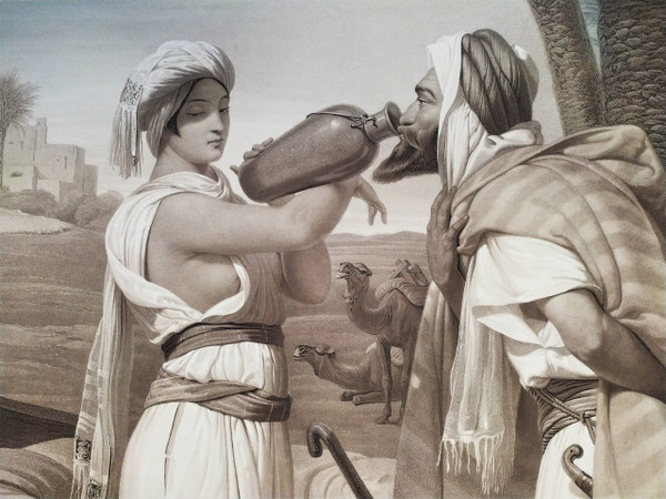 Rebecca in La Fontaine Aquarell Orientalist Gravur von Jazet