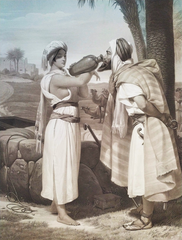 Rebecca in La Fontaine Aquarell Orientalist Gravur von Jazet