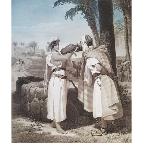 Rebecca in La Fontaine Aquarell Orientalist Gravur von Jazet