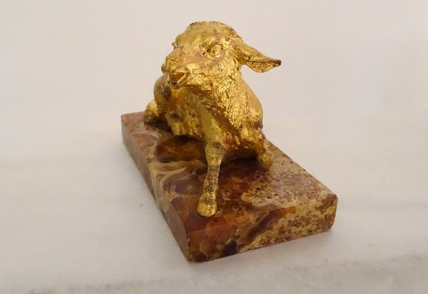 Sculpture Paperweight Gilt Bronze Sheep Marble Breccia 19th Century