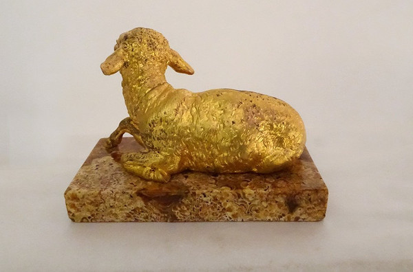 Sculpture Paperweight Gilt Bronze Sheep Marble Breccia 19th Century