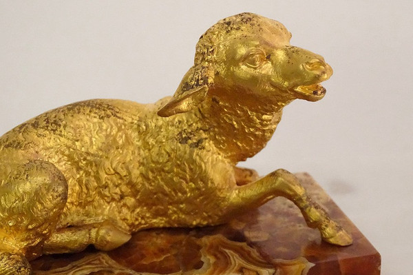 Sculpture Paperweight Gilt Bronze Sheep Marble Breccia 19th Century
