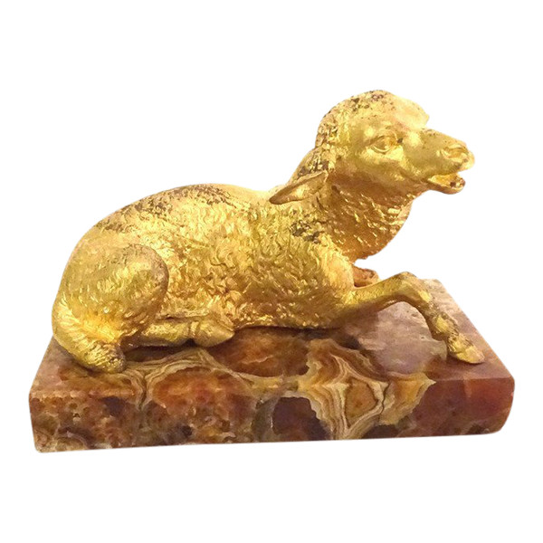 Sculpture Paperweight Gilt Bronze Sheep Marble Breccia 19th Century