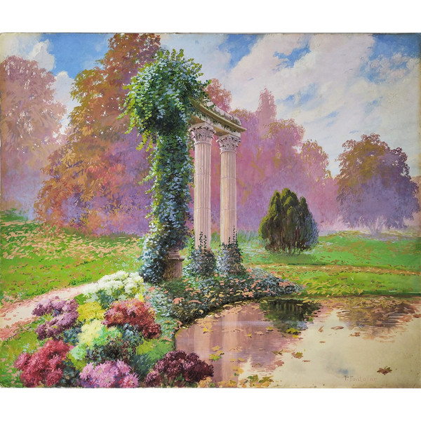 Tableau Paysage Automne Gouache Par P. Fontaine
