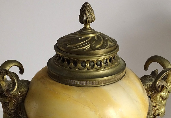 Pair Large Cassolettes Siena Marble Gilt Bronze Rams Heads 19th