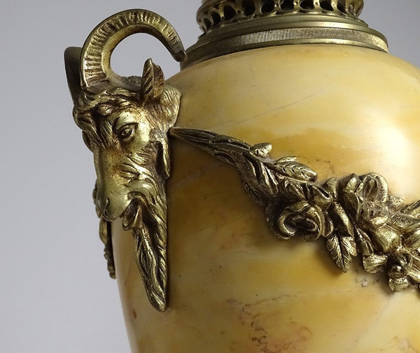 Pair Large Cassolettes Siena Marble Gilt Bronze Rams Heads 19th
