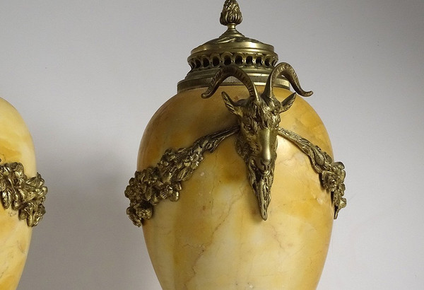 Pair Large Cassolettes Siena Marble Gilt Bronze Rams Heads 19th