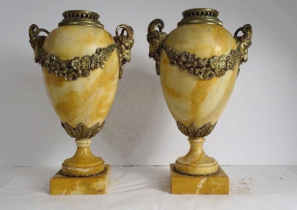 Pair Large Cassolettes Siena Marble Gilt Bronze Rams Heads 19th