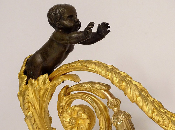 Pair Louis XVI Andirons Gilt Bronze Cherubs Children Arabesques 18th