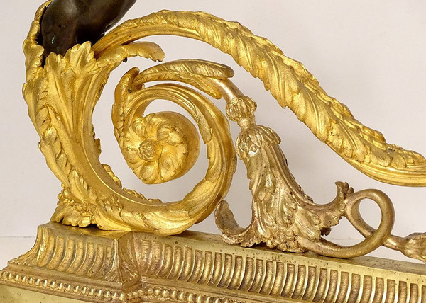 Pair Louis XVI Andirons Gilt Bronze Cherubs Children Arabesques 18th