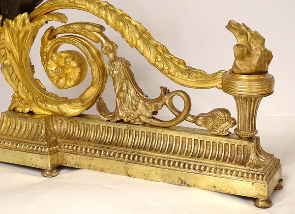 Pair Louis XVI Andirons Gilt Bronze Cherubs Children Arabesques 18th