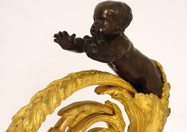 Pair Louis XVI Andirons Gilt Bronze Cherubs Children Arabesques 18th