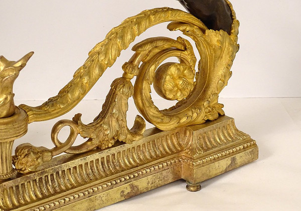 Pair Louis XVI Andirons Gilt Bronze Cherubs Children Arabesques 18th